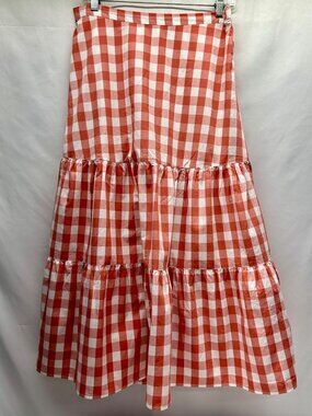 GAP Coral & White Gingham Tiered Midi Skirt Cotton Lined Women's M